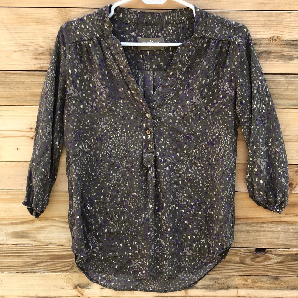 Amour Vert Olive Green & Purple Printed Long-Sleeve Blouse